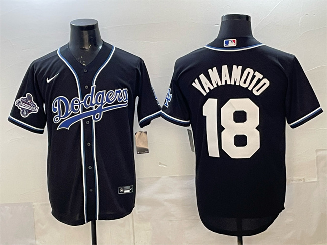 Men's Black Los Angeles Dodgers #18 Yoshinobu Yamamoto 2025 World Series Champions Patch Cool Base Stitched Baseball Jersey